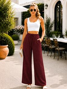 Women's Ribbed Waffle Wide Leg Pants With Elastic Drawstring Waist - High Waisted Summer Palazzos - Red - View 8