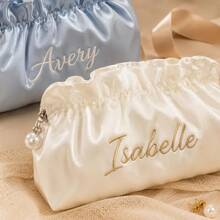 1pc Personalized Embroidered Ruffle Cloud Makeup Bag, Customized Bridesmaid Toiletry Bag, Travel Toiletry Bag, Bridesmaid Gift - Multicolor - View 4