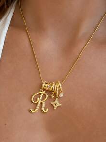 1pc Personalized Elegant Exquisite Letter & Star Detail Pendant Necklace, Women's Summer Beach Vacation Wear, Classic Vintage Pendant Necklace - Yellow Gold - View 4