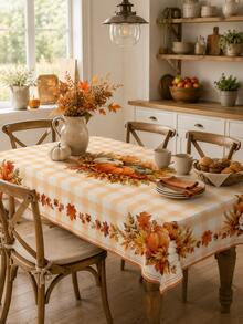 1PC Fall Plaid Oval Tablecloth With Pumpkin, Wheat, Sunflower, Maple Leaf And Harvest Centerpiece Print, Dining Table Cover, Party Atmosphere Maker For Thanksgiving Dinner, Family Gathering, Fall Decor, Room Decor And Home Decor - D - View 8