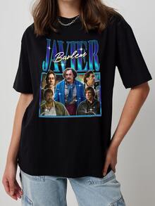 Vintage Javier Bardem  Actor Multi Movie Roles Collage T-Shirt For All Audiences Retro Galaxy Sparkle Distressed Vintage Celebrity Bootleg Ov - 黑色 - 查看 1