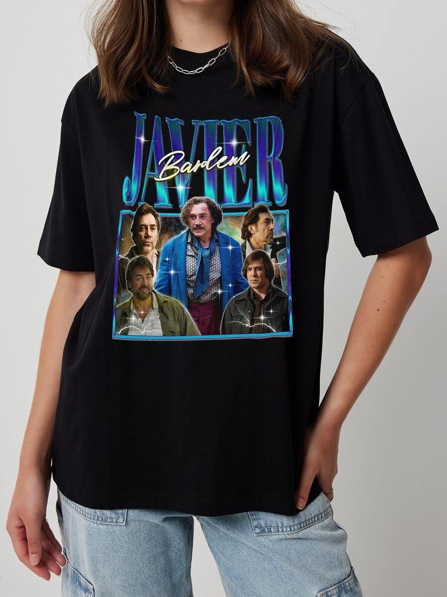 Vintage Javier Bardem Actor Multi Movie Roles Collage T-Shirt For All Audiences Retro Galaxy Sparkle Distressed Vintage Celebrity Bootleg Ov - 黑色 - 查看 1