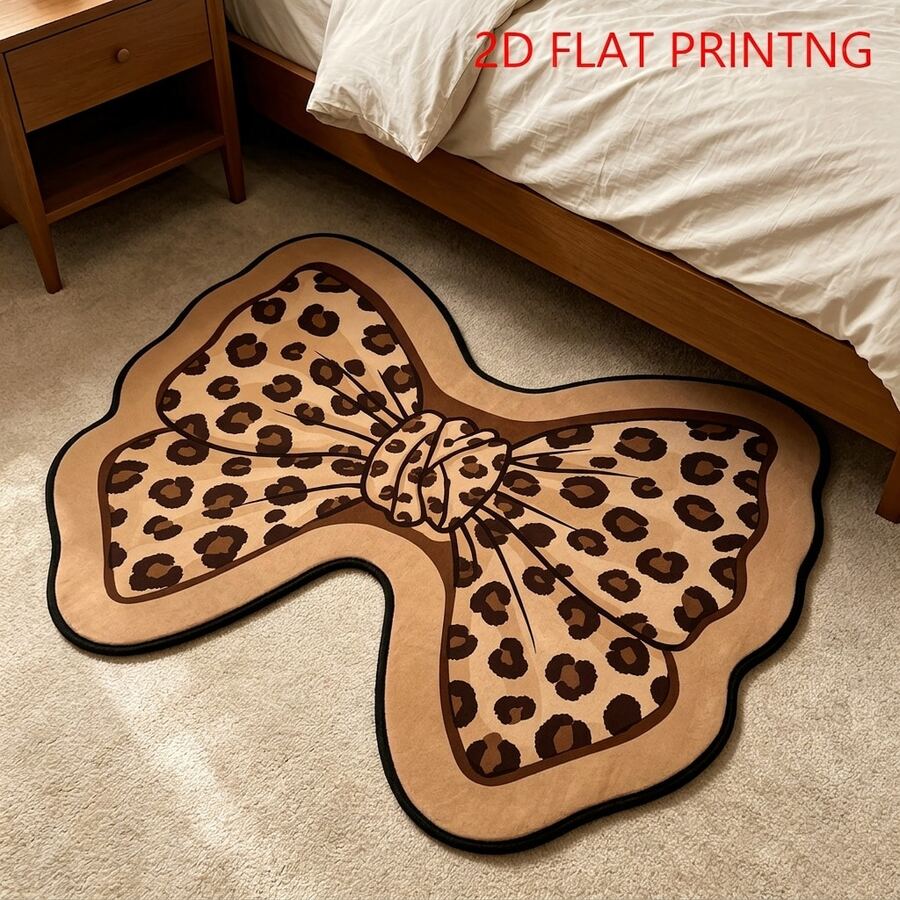 1pc Vintage Leopard Print Bow Bedroom Bedside Rug, American Retro Soft Decor Carpet, Artistic Design Dressing Table Mat, Soft And Skin-Friendly, Hand-Cut With 1-5cm Error, Entryway Decor Mat, Bathroom Rug, Small Carpet, Home Decor, Living Room Rug, Bedroom Carpet, Washable Rug - Multicolor - View 1