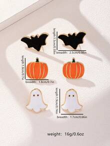 3 Pairs/Set Halloween Horror Metal Orange Pumpkin, Bat, Ghost, White Ghost Earrings, Sweet Unique Holiday Women's Jewelry - Multicolor - View 4