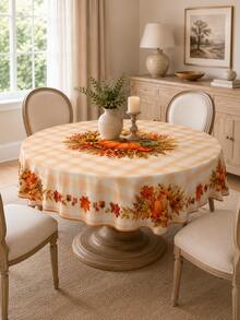 1PC Fall Plaid Oval Tablecloth With Pumpkin, Wheat, Sunflower, Maple Leaf And Harvest Centerpiece Print, Dining Table Cover, Party Atmosphere Maker For Thanksgiving Dinner, Family Gathering, Fall Decor, Room Decor And Home Decor - D - View 3