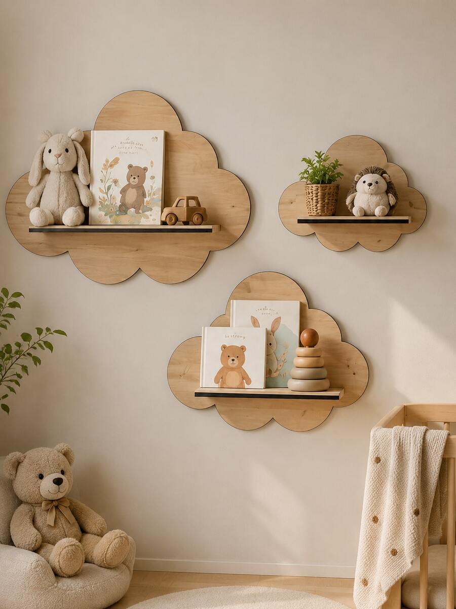 Cloud-Shaped Wooden Wall-Mounted Display Shelf - Baby Room Wall Storage Organizer, Suitable For Books, Suitable For Playroom - Space-Saving - Baby Room Storage - Display Stand - View 1