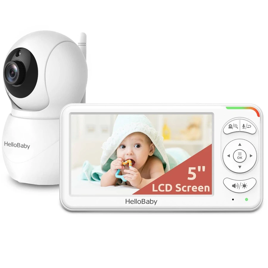 HelloBaby No WiFi 5.0 Inch Video Baby Monitor 355°/120° Remote Pan Tilt 2x ZoomCamera With Long Battery Life Lullaby Camera Protection Detection - White - View 1