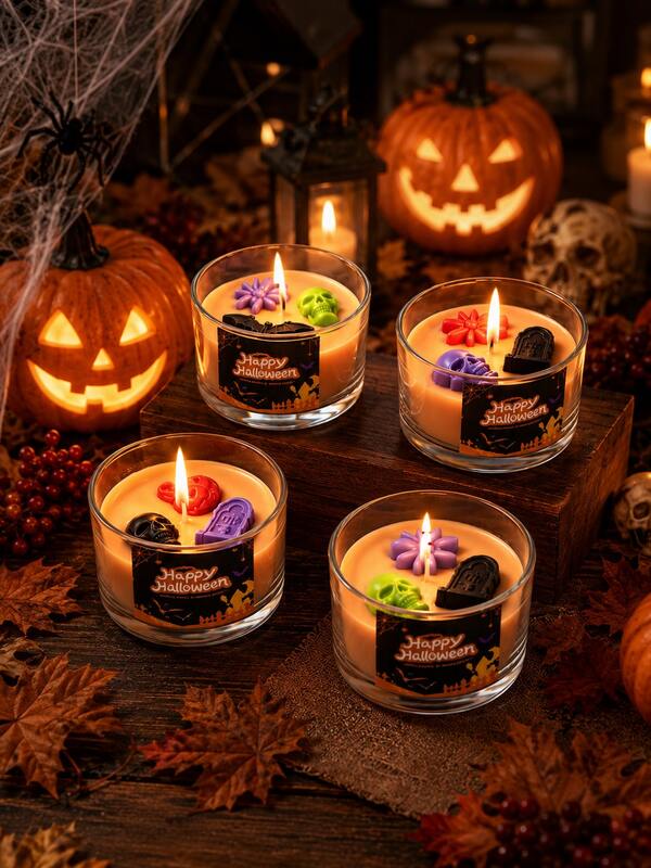 Set Lilin Aromaterapi, Lilin dalam Toples Kaca Lilin Kedelai Buatan Tangan dengan Tutup Dekoratif Tengkorak, Laba-laba, Kelelawar, dan Batu Nisan, Dekorasi Meja Liburan, Cocok untuk Pesta di Rumah, Hadiah Bergaya Halloween Musim Gugur yang Menyeramkan, Meja Permen, Rak Perapian, Pesta Halloween, Dekorasi Rumah Hantu