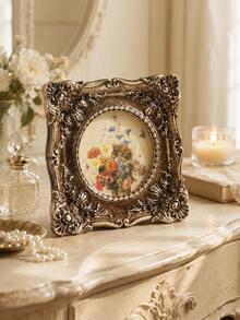 Antique Gold Vintage Picture Frame, Ornate Baroque Floral Photo Frame, Small Round Desktop Display For Vanity, Nightstand, Bookshelf, Mantel, Home Office, French Cottage Decor, Gift For Women - A - View 2