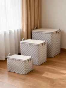3pcs/1pc 30L/110L/150L/220L Foldable Storage Box With Lid, Plaid Pattern, Space-Saving Design, Durable Non-Woven Fabric, Ideal For Home Moving And Packing, Bed Under, Wardrobe And Moving - Stackable And Washable - Grey - View 2