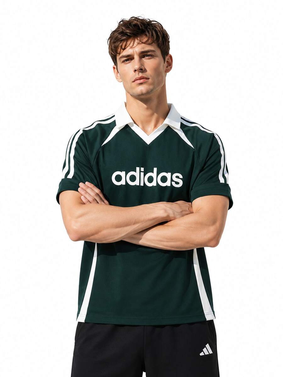 Adidas 夏季百搭運動休閒快乾V領短袖男士 Polo 衫 - 綠色/白色 - 查看 1