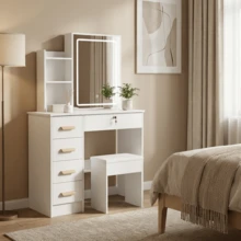 White Vanity Desk With LED Mirror & Hidden Storage Stool, 5 Drawers, Lockable Storage, Open Shelves, 3 Adjustable Light Modes, Bedroom Makeup Table For Teen Girls - White - View 4