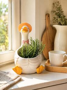 Farmhouse Style Duck Planter, Single White Resin Goose Shaped Flower Pot With Hand-Painted Hat And Bow Details, Playful Succulent Plant Container, Suitable For Kitchen Countertop, Shelf, Patio And Spring Home Decor - Multiple Styles - View 7