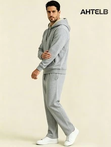 AHTELB Men's Autumn/Winter Fleece Hooded Sweatshirt Set, Casual Fashion Versatile Thermal Lined Warm 2 Pieces Set Sports - Grey - View 4