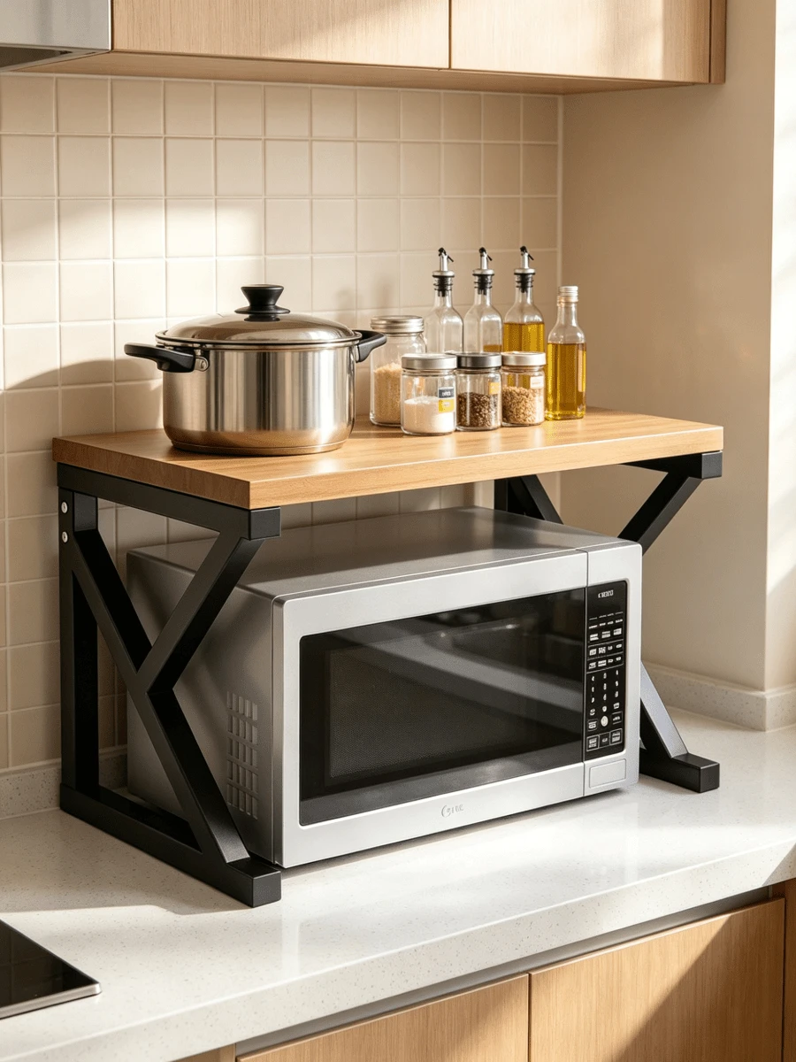 1pc Metal Microwave Oven Storage Rack, Double-Layer Kitchen Countertop Storage Shelf, Space-Saving, K-Shaped Design, Sturdy And Durable, Strong Load-Bearing Capacity, Countertop Organizer For Storing Seasonings, Cooking Utensils And Cookware - Multiple Specifications - View 1