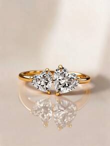 1pc 18K Gold Plated Luxury Women's Double Heart Zirconia Ring, Unique Diamond Ring, Suitable For Women And Girls Daily, Party Decoration And Holiday Gift - Yellow Gold - View 1