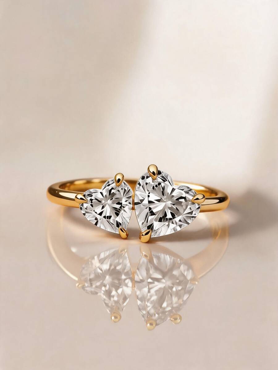 1pc 18K Gold Plated Luxury Women's Double Heart Zirconia Ring, Unique Diamond Ring, Suitable For Women And Girls Daily, Party Decoration And Holiday Gift - Yellow Gold - View 1