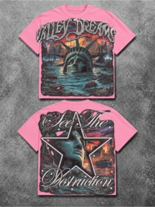 Camiseta Vintage con Gráficos Religiosos para Hombre, Estilo Urbano, Estampado de Estatua con Antifaz y Cruz, Cadena Estética - Rosa 2 - Ver 1