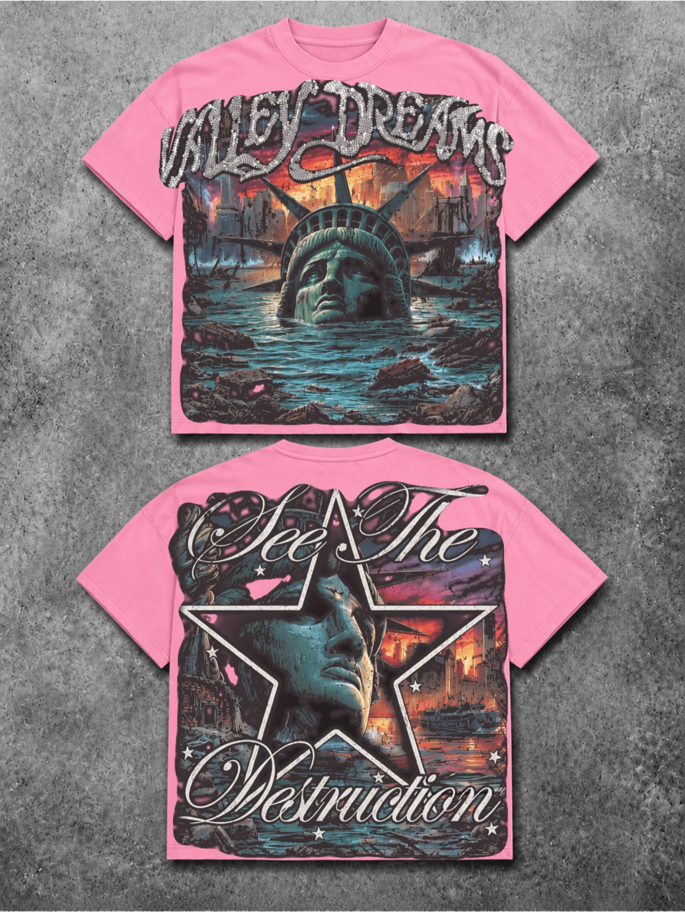 Camiseta Vintage con Gráficos Religiosos para Hombre, Estilo Urbano, Estampado de Estatua con Antifaz y Cruz, Cadena Estética - Rosa 2 - Ver 1