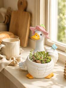 Farmhouse Style Duck Planter, Single White Resin Goose Shaped Flower Pot With Hand-Painted Hat And Bow Details, Playful Succulent Plant Container, Suitable For Kitchen Countertop, Shelf, Patio And Spring Home Decor - Multiple Styles - View 6