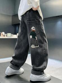 青少年男孩休閒直筒牛仔長褲，秋季牛仔褲 - 灰色 - 查看 6