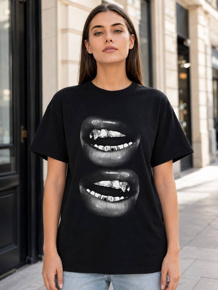 Grill Lips Fun Patterns T Shirt,Casual And Soft,Pure Cotton220Gram Print T Shirt - 1-1 - 查看 1