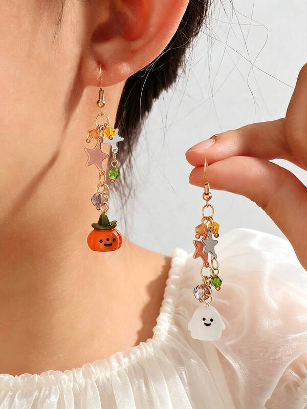 2pcs Halloween Tassel Earrings, Orange Pumpkin Ghost Pendant, Fashionable Personalized Asymmetric Earrings, Halloween Earrings