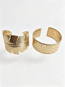 Women 2Pcs Stackable Bracelets Sets High Street Fashion Wide Ribbon Shape Stainless Steel Cuff Bangle Chunky Open Cuff Adjustable Wrist Jewelry Hot - Gold - View 21