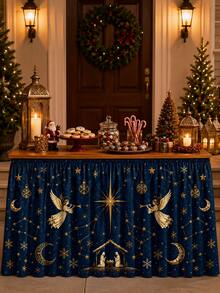 聖誕桌裙，深藍星空配金星與天使圖案，節日桌飾，派對宴會桌裙布，聖誕家居裝飾 - 彩色 - 查看 4