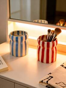 1pc Striped Ceramic Makeup Brush Holder, Cute Wavy Edge Makeup Brush Storage Cup, Multi-Color Vanity Desktop Organizer, Decorative Pen Holder, Home Bathroom Vanity Decor Storage Container - Multicolor - View 7