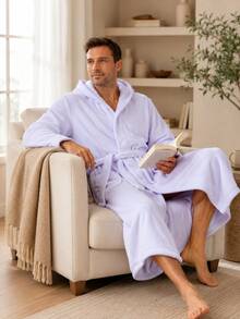 1pc Luxury Plush Fleece Men Robe With Hood Long Spa Bathrobe Men,Cozy Long Sleeve With Blueberry Collar, Machine Washable, Solid Color With Pockets And Belt Detail For All Seasons Comfort - Multicolor - View 4