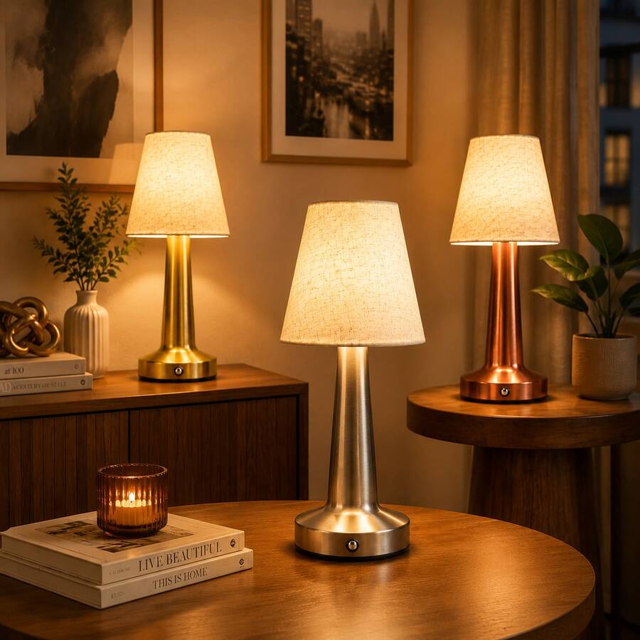 LED Wireless Fabric Shade Table Lamp, USB Rechargeable, 3 Color Light Modes/Stepless Dimming - Touch Switch Control, Ambient Bedside Night Light, Handmade Fabric Shade, Luxury Soft Decor, Suitable For Couple Dinner/Coffee Table/Dining Table/Bedside Cabinet/Living Room/Bedroom - Desk Lamp - View 1