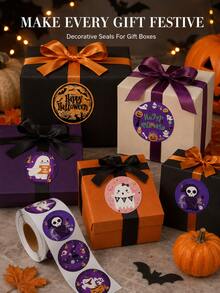 3pcs Halloween Round Sticker Rolls Assorted Ghost Pumpkin Sealing Labels For Packaging - Multicolor - View 3