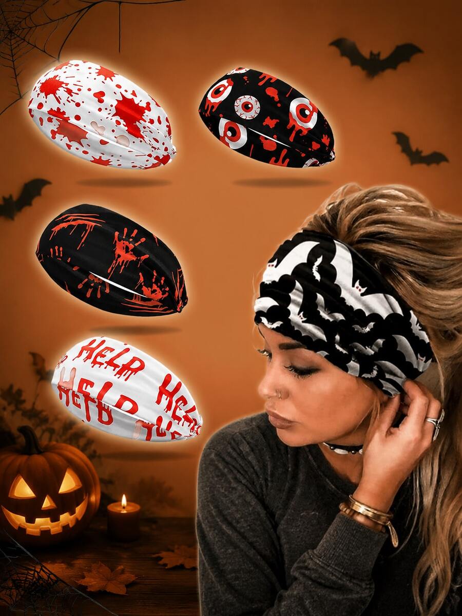 Halloween Gothic Print Women's Wide Elastic Headband, Blood Splatter Eyeball & Bat Pattern Hair Accessory, Party Costume - Multicolor - View 1