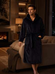 1pc Luxury Plush Fleece Men Robe With Hood Long Spa Bathrobe Men,Cozy Long Sleeve With Blueberry Collar, Machine Washable, Solid Color With Pockets And Belt Detail For All Seasons Comfort - Multicolor - View 5