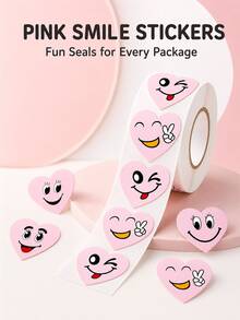 3 Rolls Heart-Shaped Smiling Face Stickers, Cute Cartoon Self-Adhesive Seal Labels, Fun Decorative Stickers For Gift Packaging, Bags, Bottles And Cups - Pink - View 7