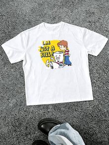 Comic Buchfigur Grafik mit Retro Schriftzug bedrucktes Herren TShirt Baumwolle Oversize Schnitt Sport Freizeit Streetwear Shirt Alltag - Weiss - Übersicht 3