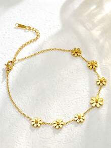 VceTd 1PC Minimalist Romantic Style Stainless Steel Anklet With Flower Decoration, Suitable For Women's Daily Wear Or Beach Vacation - Yellow Gold - View 6