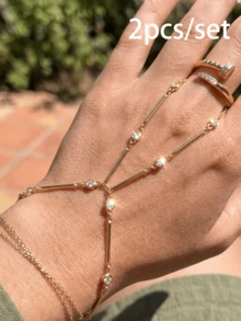 rundraw 2pcs Women's Bracelet & Ring Set, Gold-Tone Copper With CZ Inlay, Asymmetrical Design, Elegant Bracelet & Ring, Suitable For Wedding, Party, Date - Multicolor - View 2