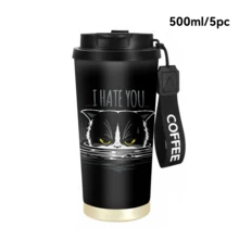 1個/5個 500ml 黑色暴躁貓旅行杯，雙層不鏽鋼保溫杯，憤怒貓文字圖案印花設計，附印有 COFFEE 字樣掛繩的便攜咖啡杯，適合日常通勤 - 黑色-討厭你 - 查看 10
