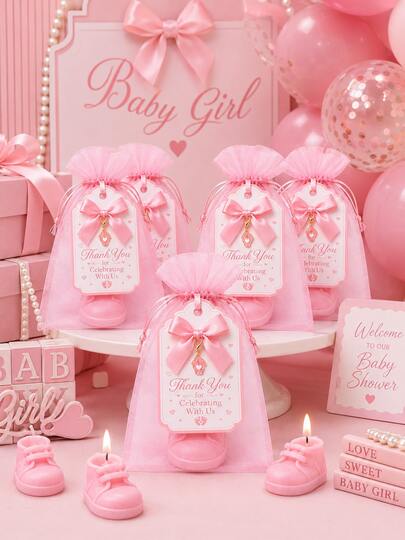 10 Sets Pink Baby Baptism Favors, Includes Footprint Pendant, Shoe-Shaped Candle, Organza Bag And Tag, Sweet Party Decoration Gifts, Suitable For Girls' Birthday Celebration