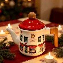Vintage British Street Pattern Enamel Teapot, Wooden Heat-Resistant Handle Teapot, Stove-Top Coffee Pot, INS Style Home Afternoon Tea Tabletop Decor Gift - Multicolor - View 9