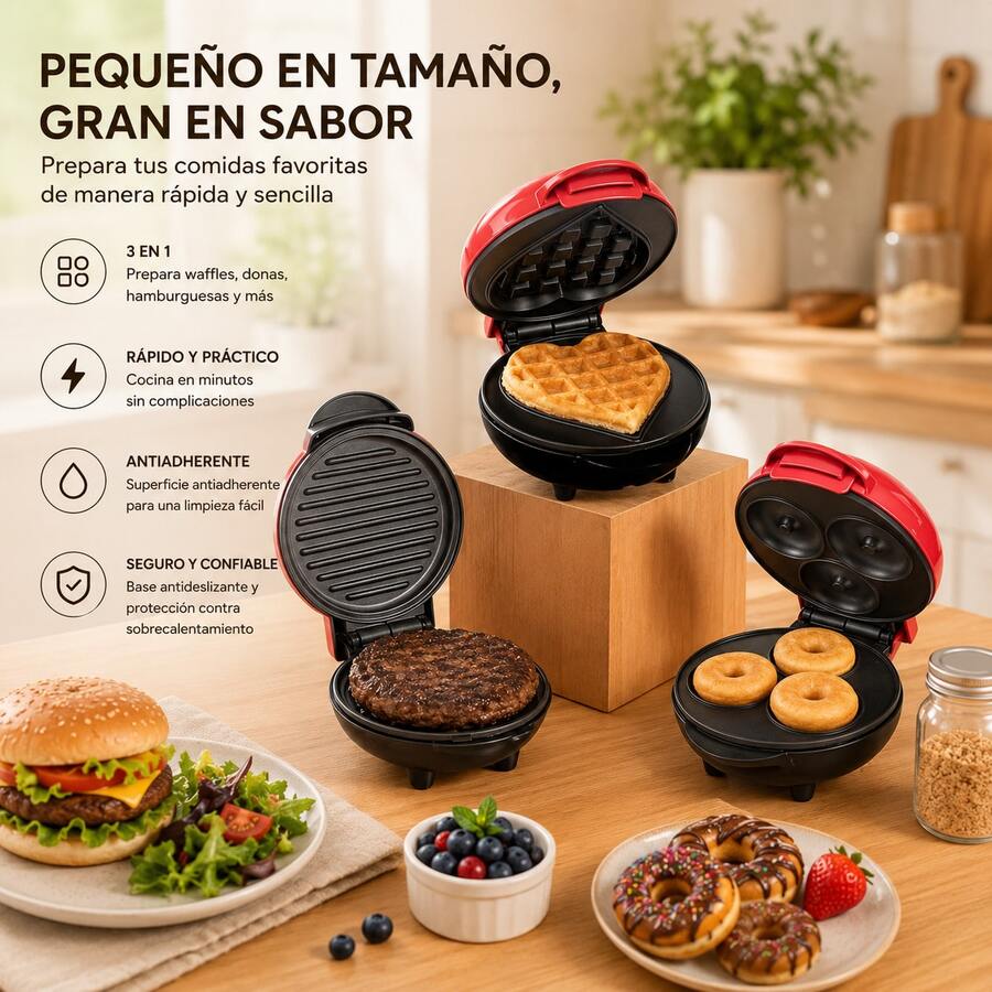 Buena Calidad 3 diferentes máquinas mini para Desayunos y Snacks – Máquina de Donas, Máquina de corazones Waffle y Máquina para carne de Hamburguesa Casera, Aparatos de Cocina Multifuncionales, Prepara tus comidas de manera más rápida y fácil - ROJO - Ver 1