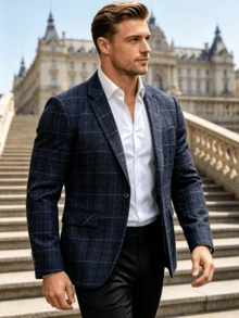 Vintage Tweed Plaid Single-Breasted Men's Suit Jacket, Slim Fit Single Button Notch Lapel Textured Blazer, Suitable For Business, Wedding, Banquet, Casual Party Semi-Formal Wear - Royal Blue - View 1