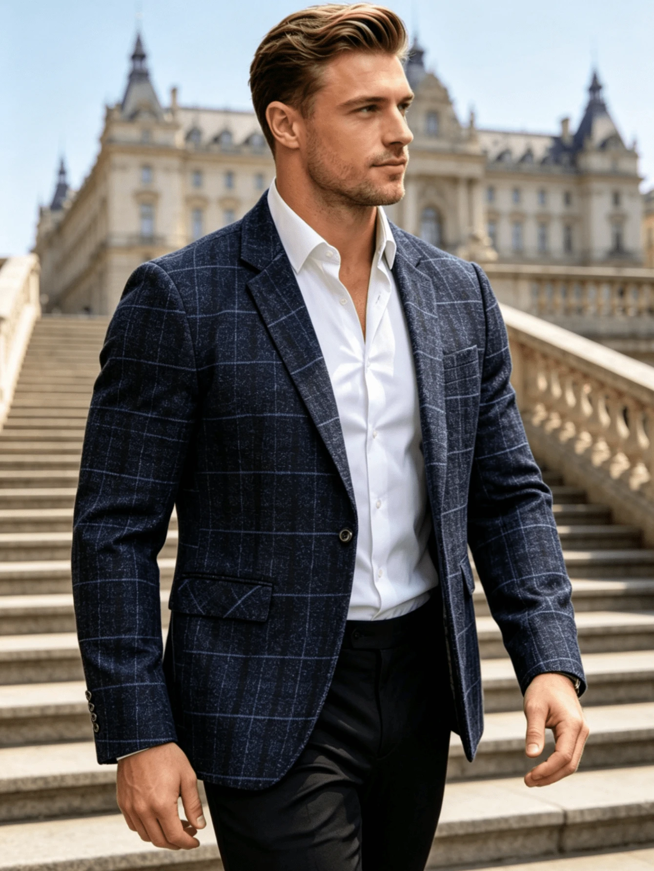 Vintage Tweed Plaid Single-Breasted Men's Suit Jacket, Slim Fit Single Button Notch Lapel Textured Blazer, Suitable For Business, Wedding, Banquet, Casual Party Semi-Formal Wear - Royal Blue - View 1
