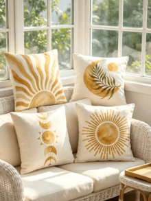4PCS Bohemian Sun And Moon Pattern Pillow Cover, Non Real Embroidery, Single-Sided Printing, Sun And Leaf Pattern Cushion Cover, Suitable For Various Scene Decorations, 2D Flat Printing (Excluding Pillow Core) - Multicolor - View 2