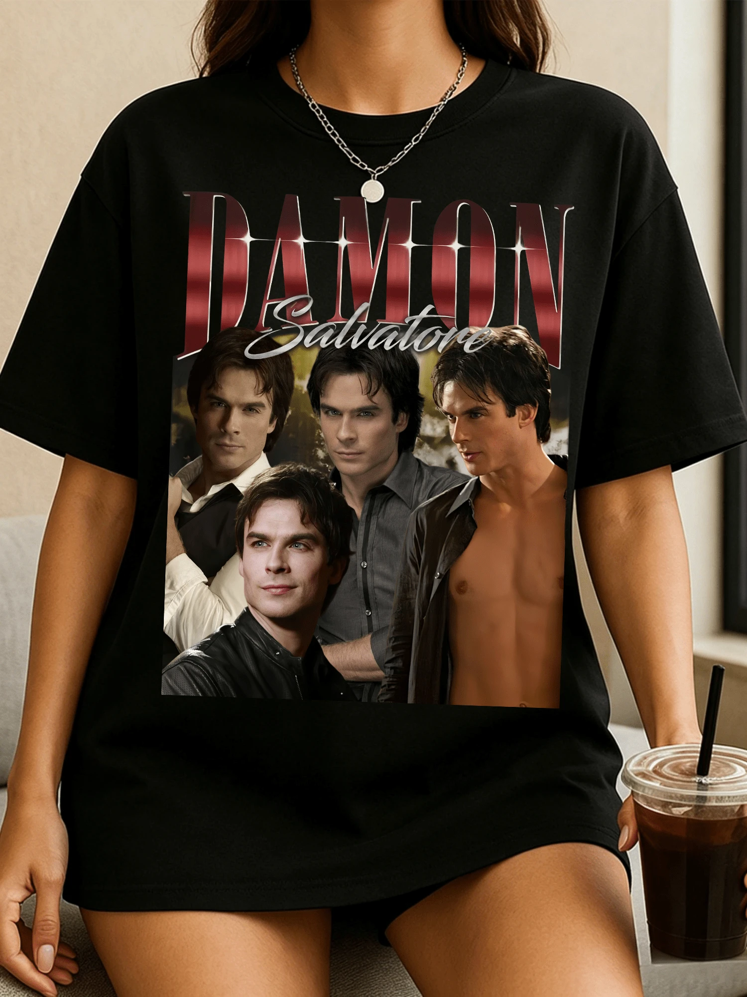 Damon Salvatore The V-VampireS Diaries Vintage 90s Bootleg T-Shirt Retro TV Show Tee - 黑色 - 查看 1