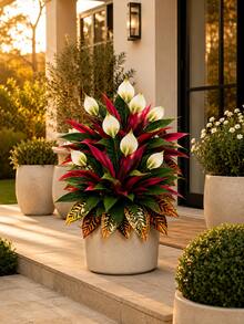 3pcs Set Autumn Red & White Contrast Artificial Plants, Realistic Faux Autumn Greenery, Decorative Artificial Shrub, Suitable For Outdoor Garden Patio Porch Yard, Indoor Living Room Bedroom Hotel Home Decor, Thanksgiving Harvest Seasonal Decoration - Multicolor - View 3