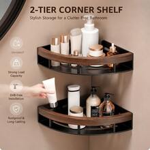 1pc No-Drill 2-Tier Bathroom Corner Shelf, Wall-Mounted With Hooks Shower Storage Rack, Waterproof Self-Adhesive Shampoo Soap Toothbrush Organizer, Large Capacity Space-Saving Storage Rack, Wood Grain Black Bathroom Kitchen Corner Shelf - Multicolor - View 4