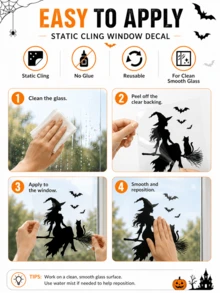 SupSticker 1PC Halloween Window Cling, 4 Styles Spooky Black Silhouette, Reusable No Adhesive Glass Decal For Home Party Decor - 1PC - View 9